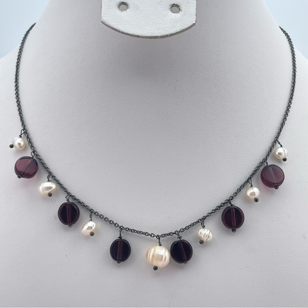 Dainty Freshwater Pearl & Plum Glass Charm Necklace on Gunmetal Chain